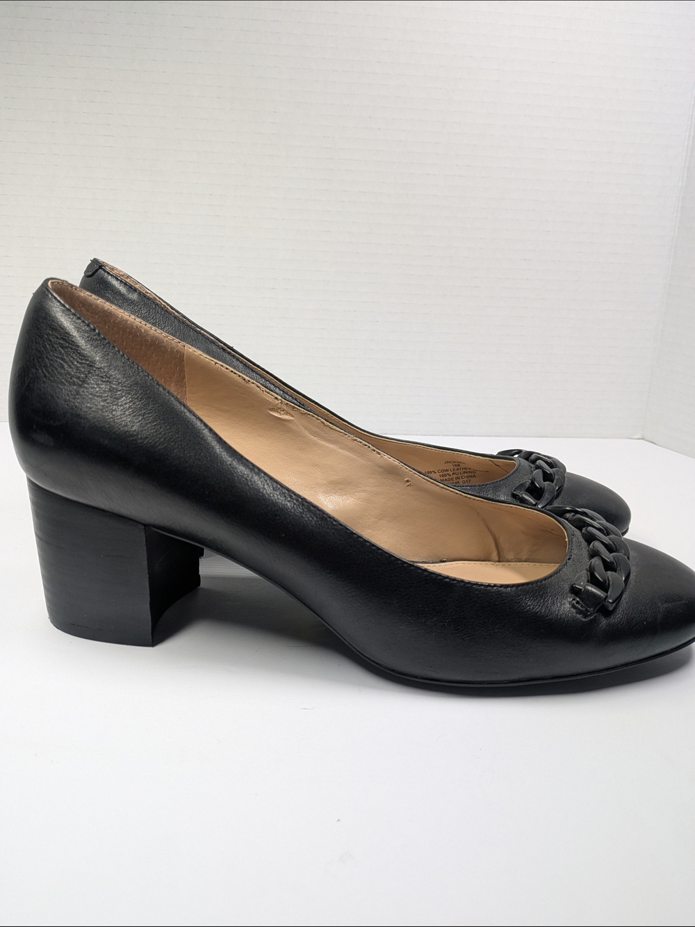 Lauren Ralph Lauren Black Leather Chunky Heel Pumps with Chain Detail